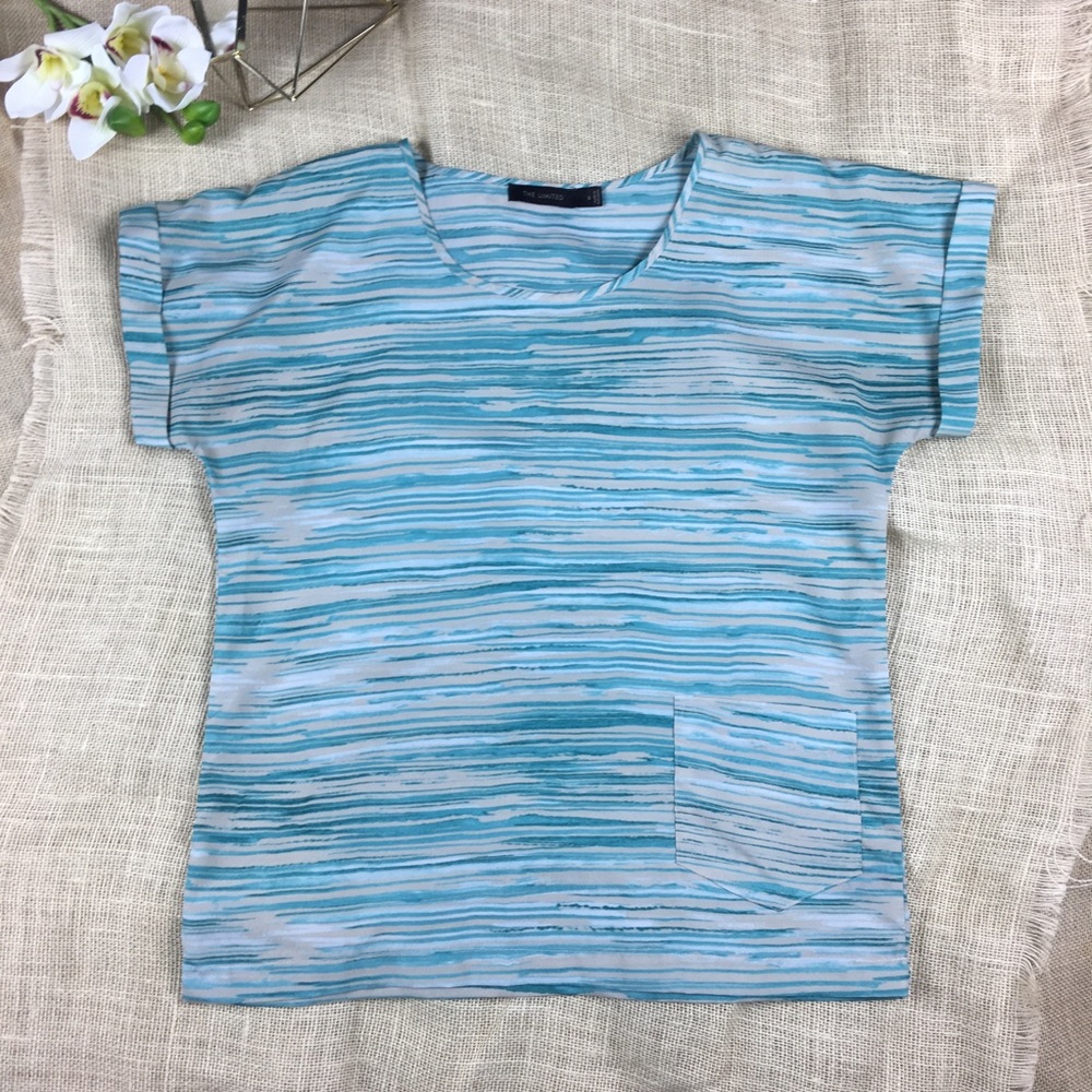 The Limited Blouse Top Blue White Short Sleeve